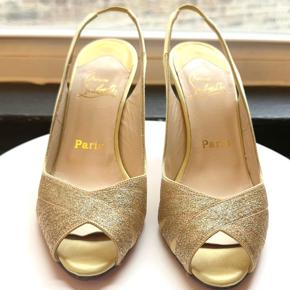 🌺CHRISTIAN LOUBOUTIN 🌺 Yellow Satin Glitter Accents Slingback pumps size: 37 - Picture 10 of 17